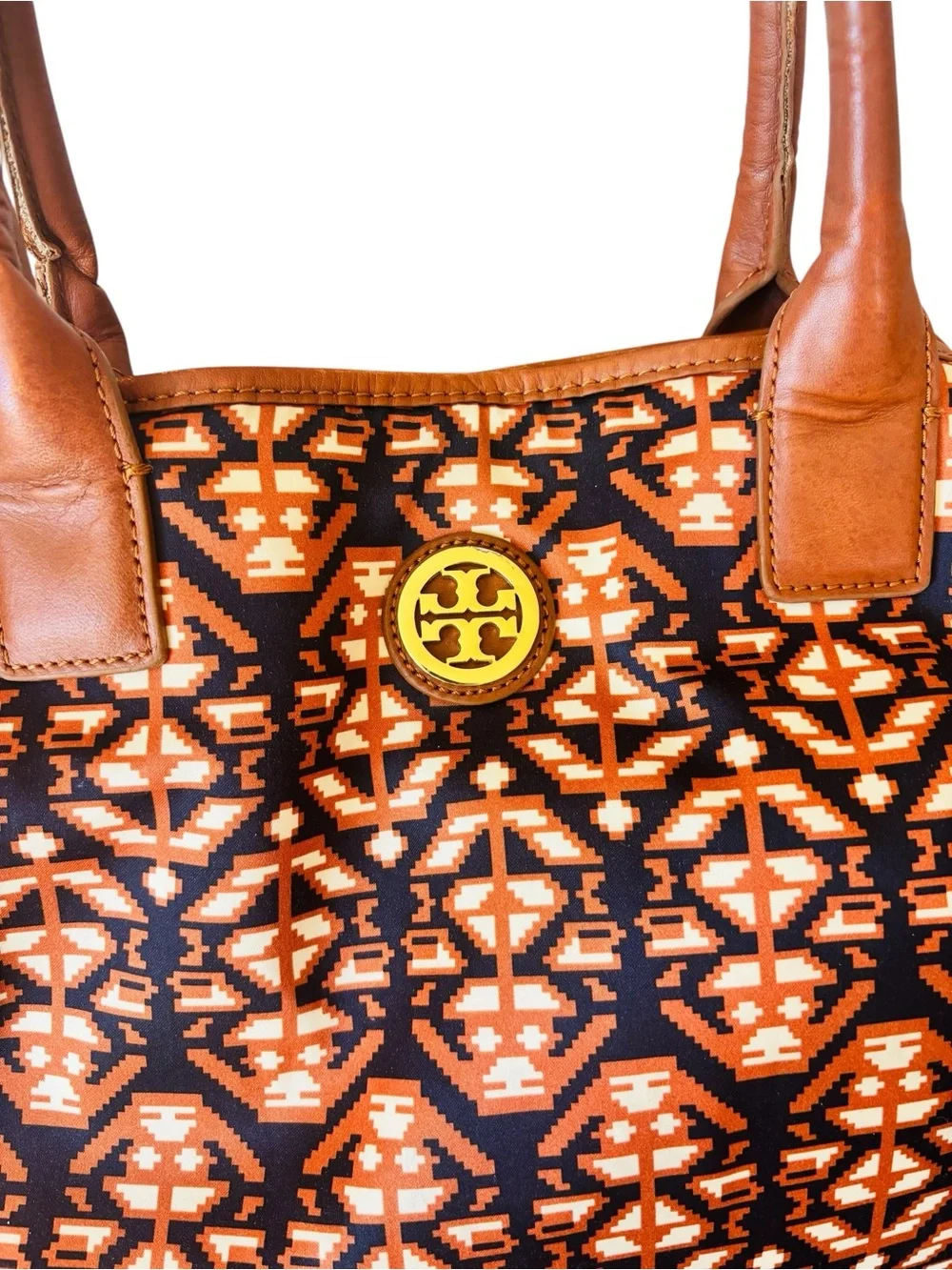 Tory Burch Ella Aztec Navy and Orange Geometric Tote with Brown Leather Handles - Picture 2 of 12